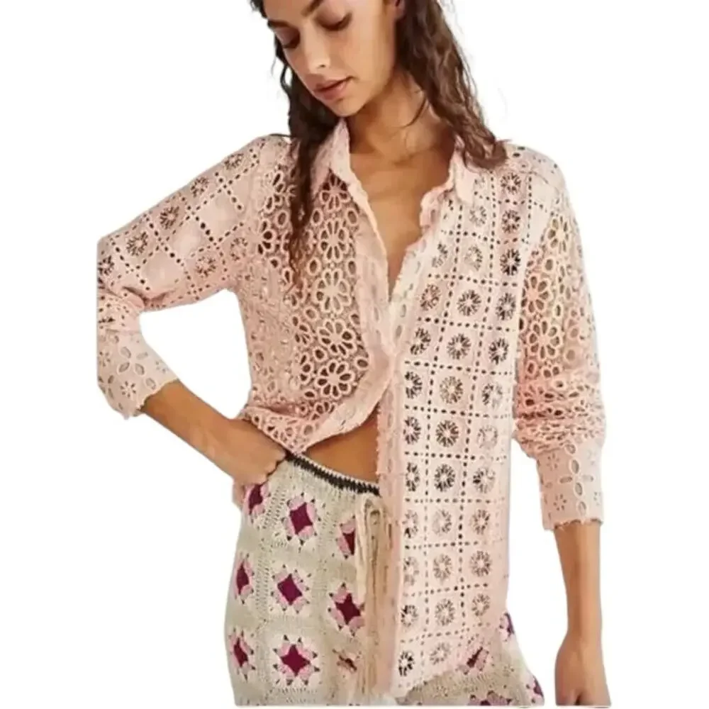 Free People One Yesenia Shacket Top Eyelet Button Down Pink Large